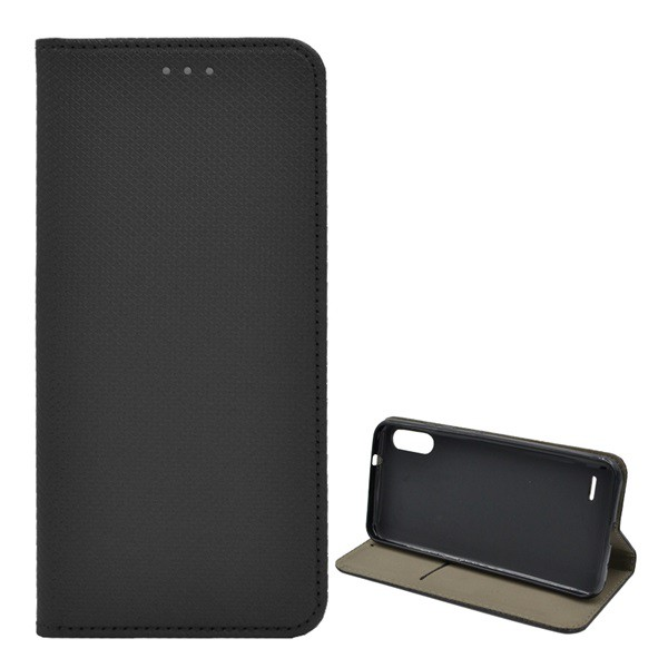 Tok álló, bőr hatású (FLIP, oldalra nyíló, asztali tartó funkció, rombusz minta) FEKETE [LG K22 (LMK200HM)] (5996591022383)