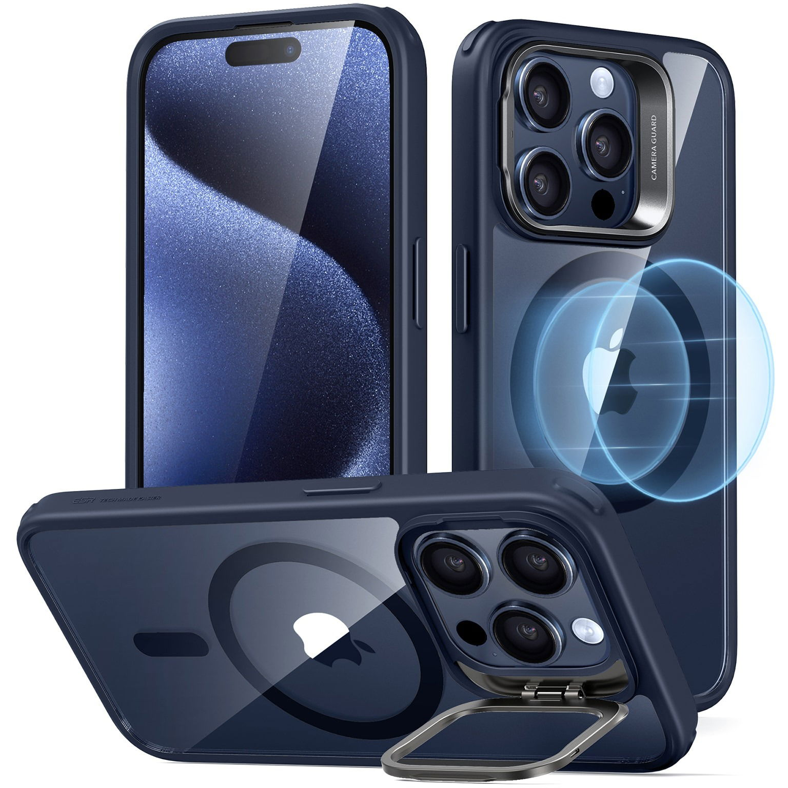 ESR Classic Hybrid Case with Stash Stand (HaloLock), Compatible with iPhone 15 Pro, Clear Dark Blue tok (1A6740302)
