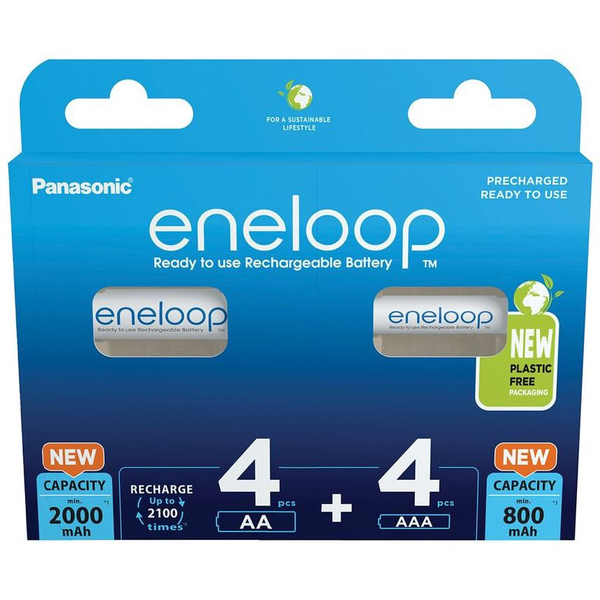 Комплект батерии Panasonic Eneloop, 8 броя, 2100 цикъла, 4 броя 2000 mAh, R6 AA, 4 броя 800mAh, R3 AAA, BK-KJMCDE44E