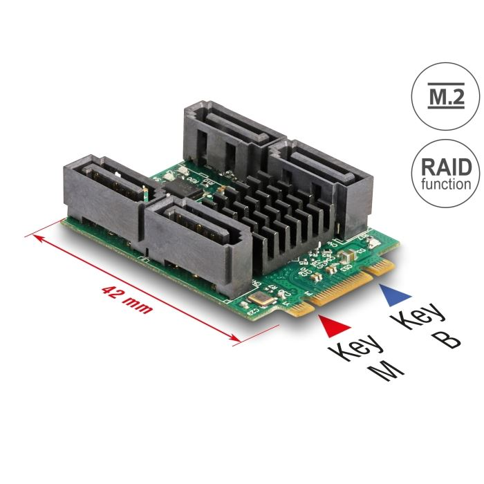 Delock M.2 aljzat B+M nyílással - 4 x SATA csatlakozó (61062) (61062)