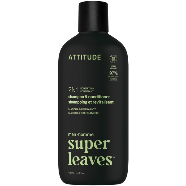 Attitude Attitude SUPER LEAVES,  Wzmacniający szampon i odżywka do włosów 2w1 dla mężczyzn - Bergamotka i matcha, 415 ml