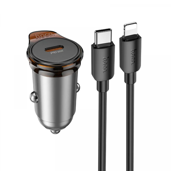 Hoco NZ16 autós töltő Type-C aljzat (30W, PD gyorstöltő + lightning kábel) SÖTÉTSZÜRKE (NZ16_L)