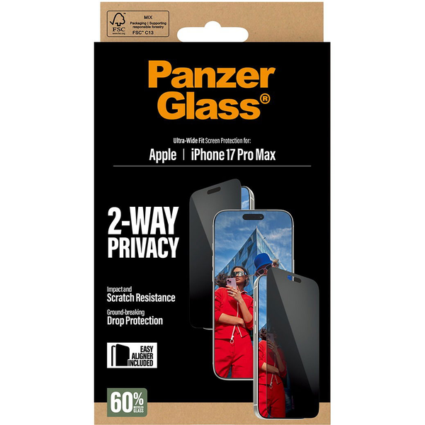 PanzerGlass ® 2-Way Privacy Screen Protector iPhone 17 Pro Max | Ultra-Wide Fit w. EasyAligner Doorzichtige schermbeschermer Apple 1 stuk(s)