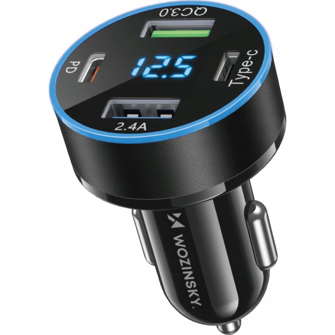 Wozinsky WDCCB Autós Töltő Kijelzővel 2xUSB-A és 2xUSB-C Csatlakozással 50W - Fekete (5907769308499)