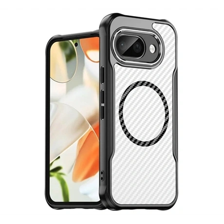Szilikon telefonvédő (ütésállóság, légpárnás sarok, kameravédő, karbon minta, MagSafe) FEKETE Google Pixel 9a "Gigapack csomagolás" (GP-168941)