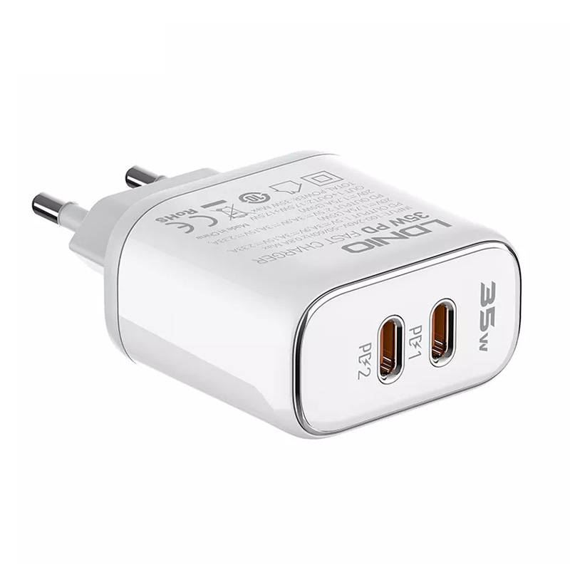 LDNIO A2528M 2xUSB-C hálózati töltő fehér + USB-C - Lightning kábel (A2528M EU)