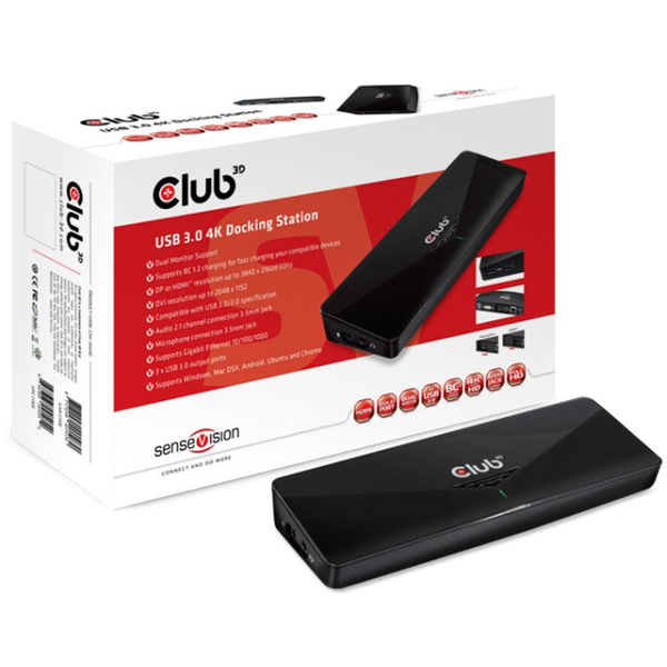 CLUB3D SenseVision USB3.0 4K Docking Station Kabel USB 3.2 Gen 1 (3.1 Gen 1) Type-A Černá