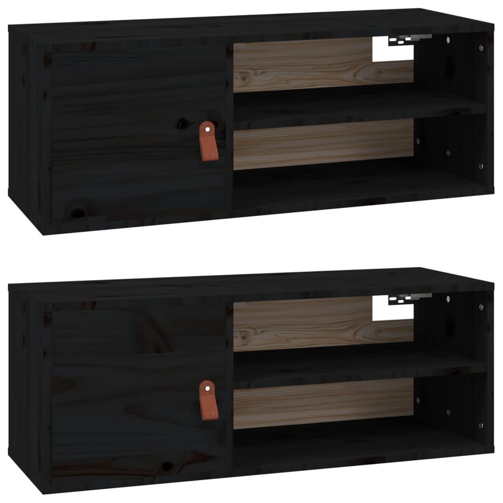 2 db fekete tömör fenyőfa faliszekrény 80 x 30 x 30 cm (818394)