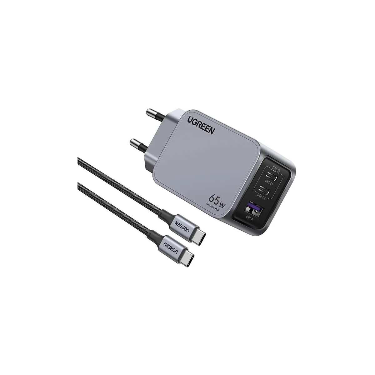 Ugreen 25871 Nexode Pro 2x USB Type-C / 1x USB Type-A GaN Hálózati töltő + USB Type-C kábel - Szürke/Fekete (65W) (25871)