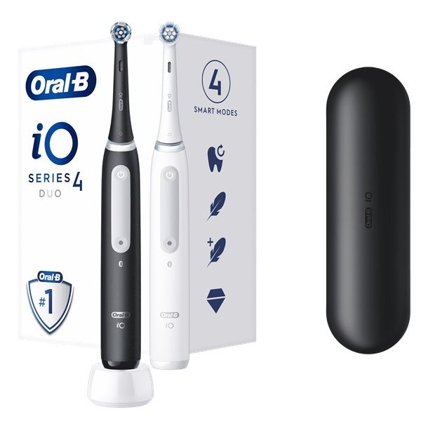 Комплект от 2 електрически четки за зъби iO Series 4, Oral-B, Микровибрации, Сензор за сила, Батерия, Калъф включен, Бяла/Черна