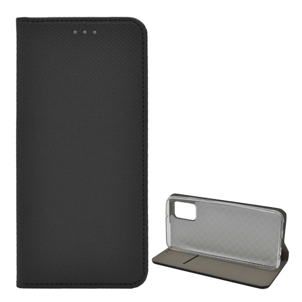 Tok álló, bőr hatású (FLIP, oldalra nyíló, asztali tartó funkció, rombusz minta) FEKETE [Samsung Galaxy A02s (SM-A025F)] (5996591032764)