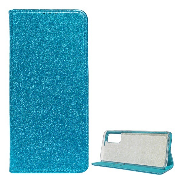 Tok álló, bőr hatású (FLIP, szilikon belső, oldalra nyíló, asztali tartó funkció, bankkártya tartó, csillogó) VILÁGOSKÉK [Samsung Galaxy S20 5G (SM-G981U)] (5996457950447)