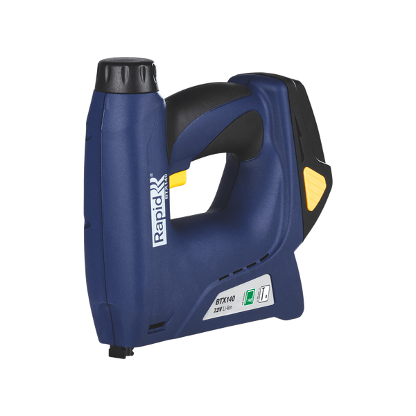 Електрически телбод Rapid BTX140 с комплект литиево-йонни батерии, за пакети, регулируема сила на телбод, система за безопасност срещу случайно освобождаване, двоен магазин, скоби Rapid 140 mm, пирони Rapid 8 mm, 5001387