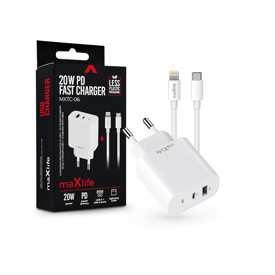 Maxlife MXTC-06 PD+QC 20W gyorstöltő adapter USB + Type-C + Type-C/Lightning kábel - fehér (ML738423)