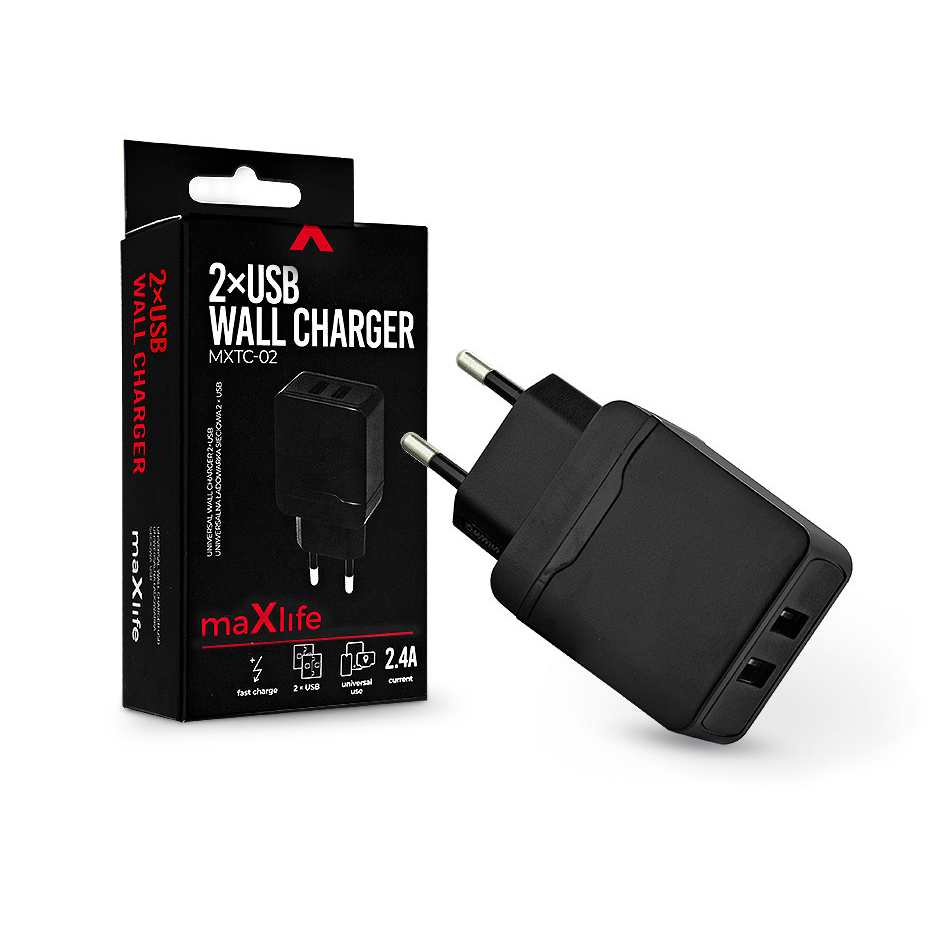 Maxlife 2xUSB hálózati töltő adapter - Maxlife MXTC-02 2xUSB Wall Fast Charger -5V/2,4A - fekete (TF-0013)