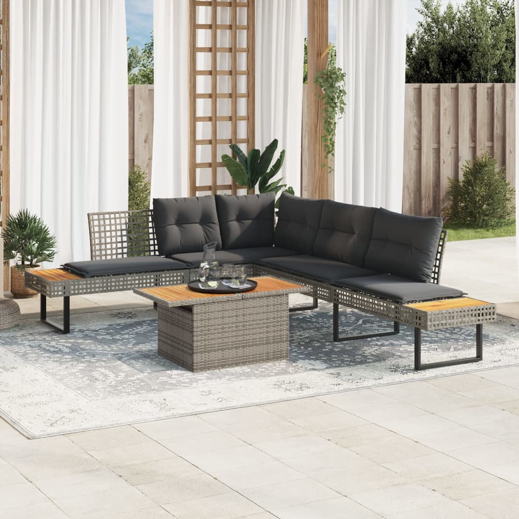 2 részes szürke polyrattan/akácfa kerti kanapészett párnákkal (3277500)