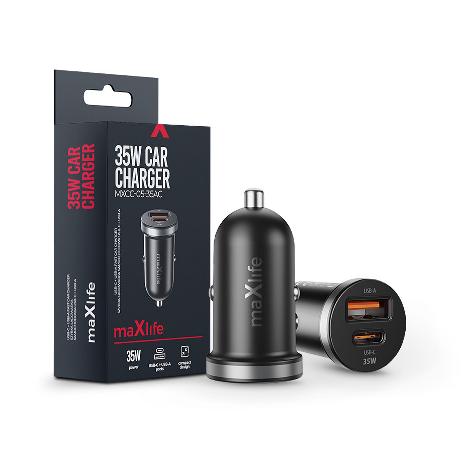 Maxlife MXCC-05 35W PD+QC autós gyorstöltő adapter USB+Type-C - fekete (ML915375)