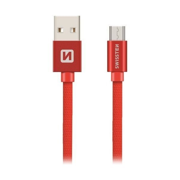 Кабел за данни Swissten MicroUSB, Текстил, 3 м, Червен