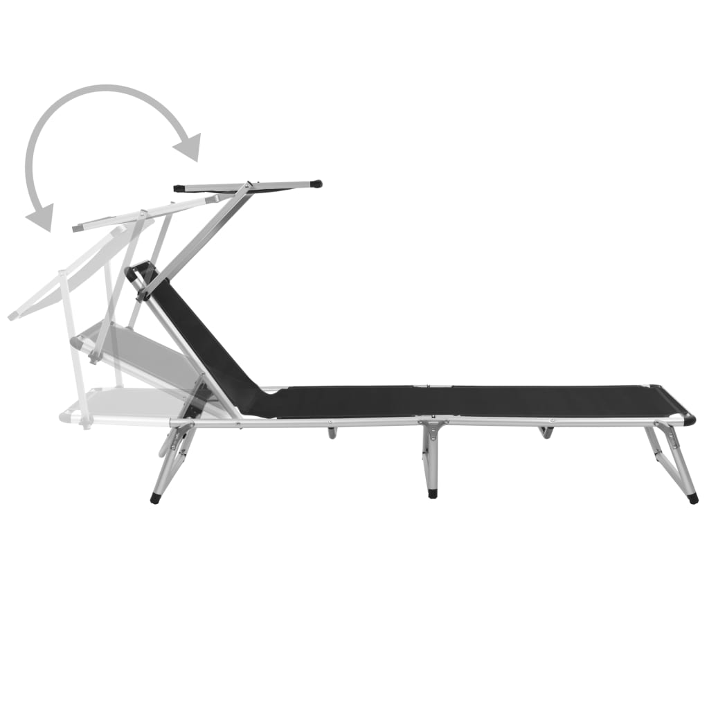 fekete összecsukható alumínium és textilén napozóágy tetővel (44333)