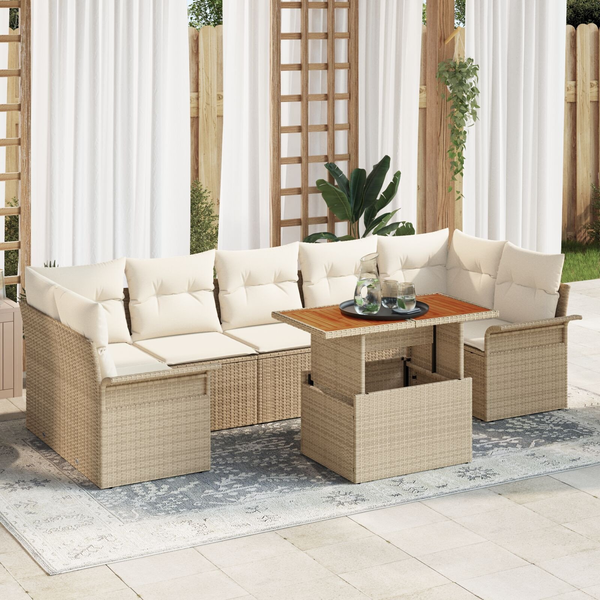 Juego De Sofá De Jardín De 8 Piezas Con Cojines Beige Ratán Poli Acacia V4158 Unico / Beige