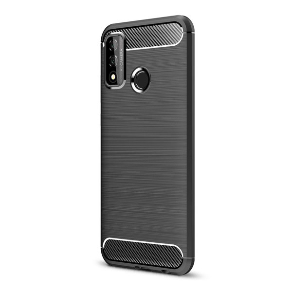 Szilikon telefonvédő (közepesen ütésálló, légpárnás sarok, szálcsiszolt, karbon minta) FEKETE [Huawei P Smart (2020)] (5996457980024)