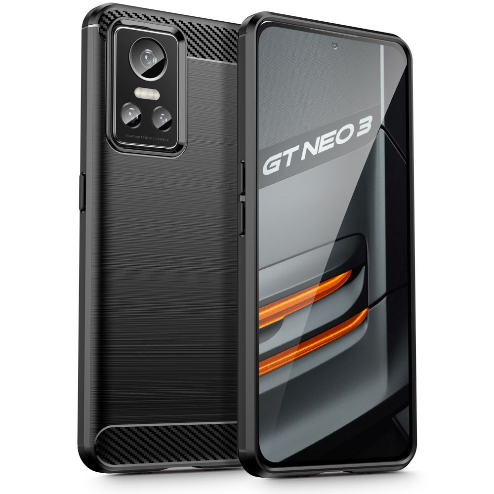 Realme GT Neo3 / Neo3 150W, Szilikon tok, közepesen ütésálló, szálcsiszolt, karbon minta, fekete (124814)