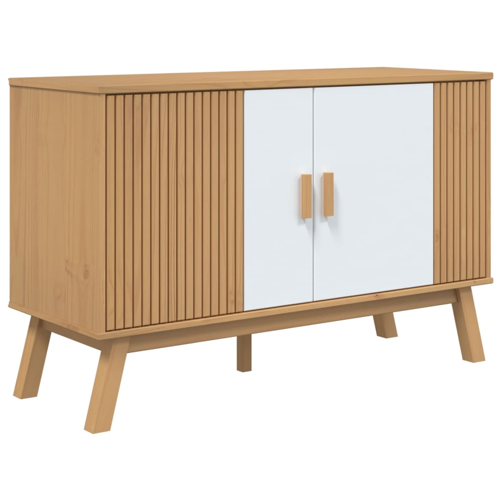 OLDEN fehér és barna tömör fenyőfa tálalószekrény 114x43x73,5cm (358611)