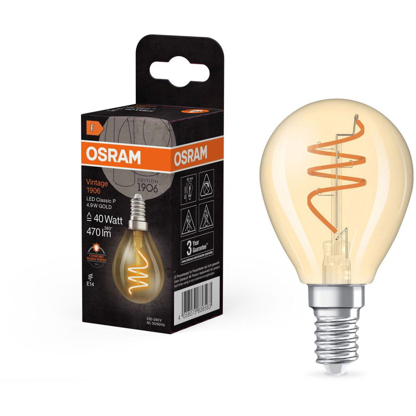 OSRAM LED izzó, aranyszínű, E14, 4,9 W, VINTAGE CLASSIC P, meleg fehér (4058075836563)