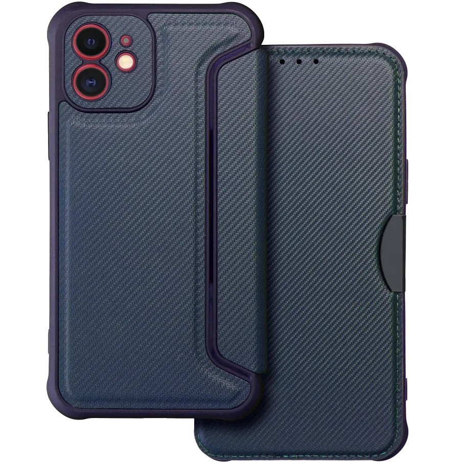 Samsung Galaxy A56 5G SM-A566B, Oldalra nyíló tok, légpárnás sarok, bőrhatású, karbon minta, Razor Book, kék (TS12232)