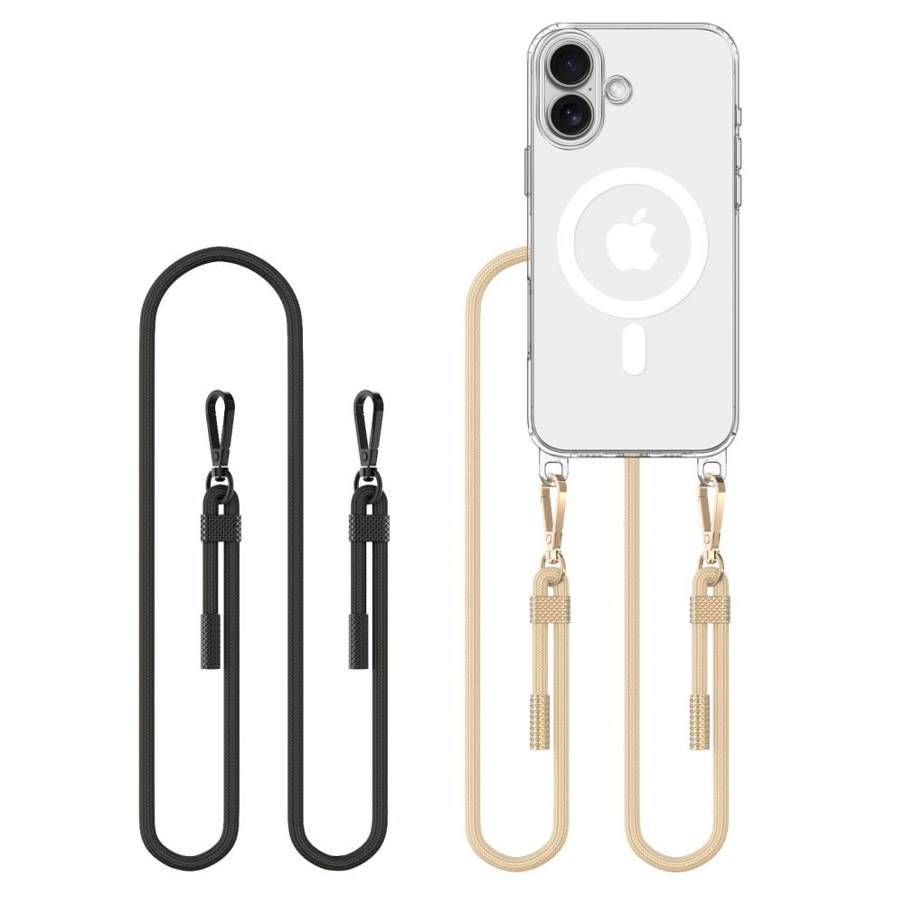 Apple iPhone 16, Szilikon védőkeret + műanyag hátlap, nyakbaakasztó, Magsafe töltővel kompatibilis, FlexAir Chain Magsafe, átlátszó (fekete, beige) (5906302311705)