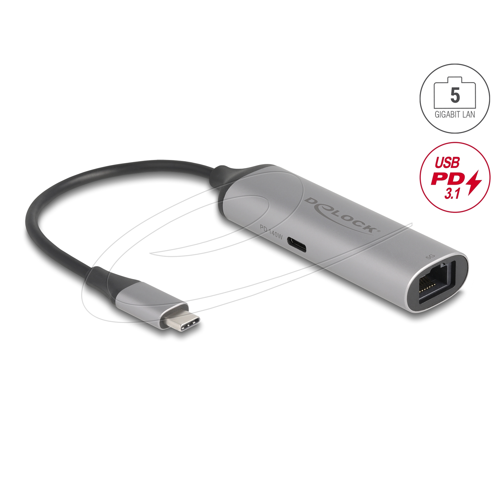 Delock USB Type-C hálózati adapter 5 Gigabit LAN 1 x RJ45 tápszolgáltatóval PD 3.1 140 watt (81591)