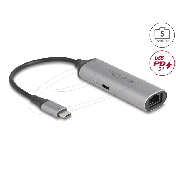 Delock USB Type-C  hálózati adapter 5 Gigabit LAN 1 x RJ45 tápszolgáltatóval PD 3.1 140 watt (81591)