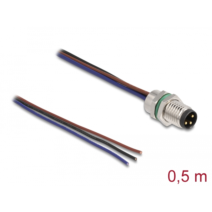 Delock M8 3 tűs apa A-kódolású, szabad kábelvégződésű panelhez 0,5 m (80147) (80147)