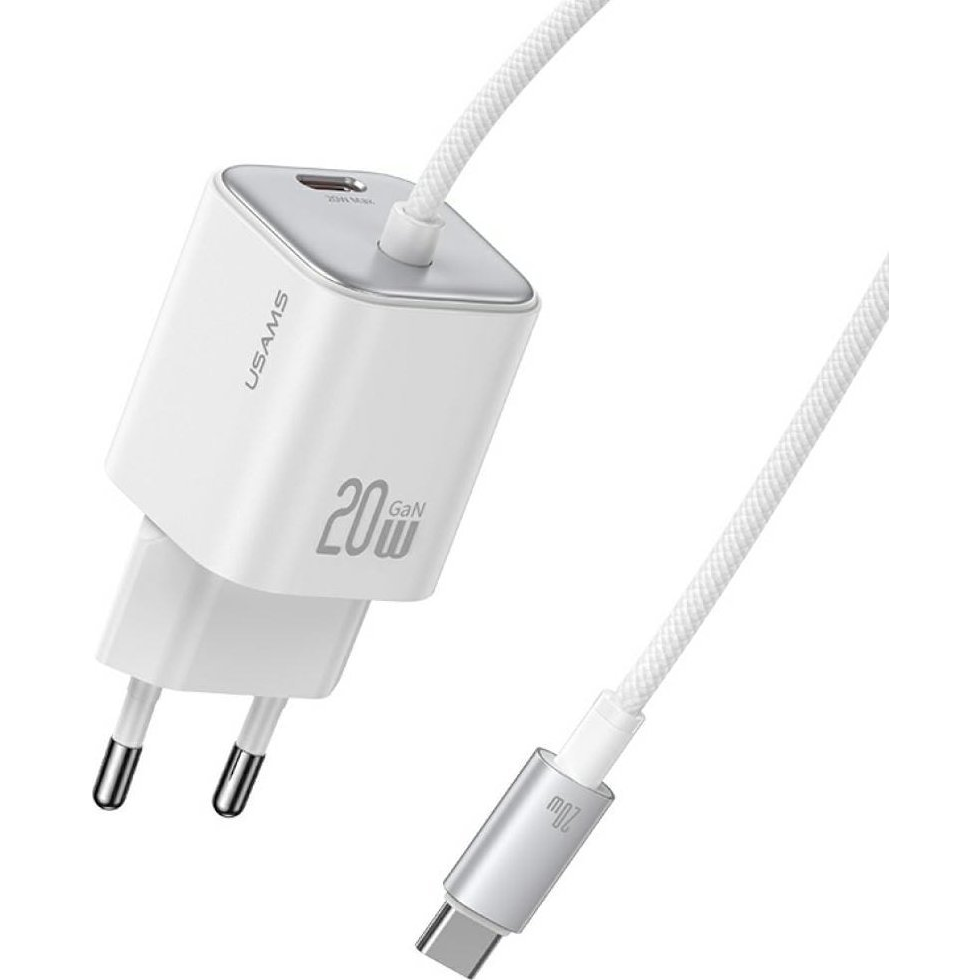 Usams JC Mini Hálózati Töltő Type-C Aljzat 20W, Gan + Fix Type-C Kábel, Fehér