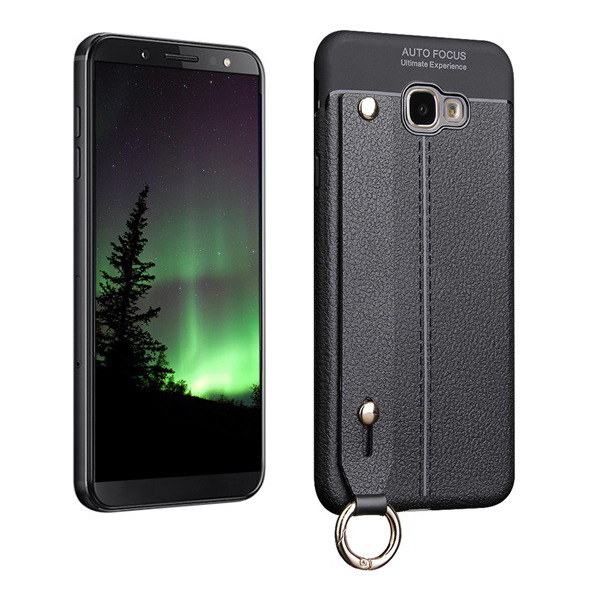 Szilikon telefonvédő (közepesen ütésálló, asztali tartó funkció, bőr hatású, varrás minta + kézpánt) FEKETE [Samsung Galaxy J4 Plus (SM-J415F)] (5996457825981)