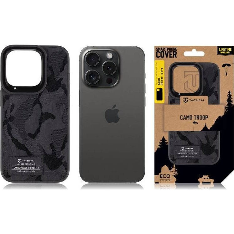 Tactical Camo Troop Apple iPhone 15 Pro hátlap tok, fekete (8596311220982)