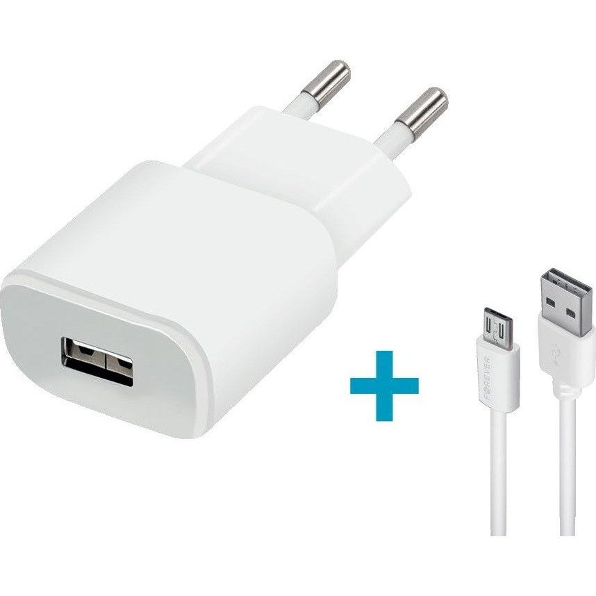 Forever TC-01 Hálózati Töltő 1xUSB-A Csatlakozással 2A+MicroUSB Kábel-Fehér (68077)