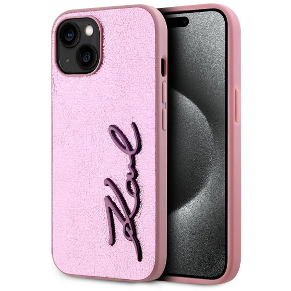 Karl Lagerfeld Wrinkled Signature Logo iPhone 15 rózsaszín PU tok (KLHCP15SPFMFBKMP)