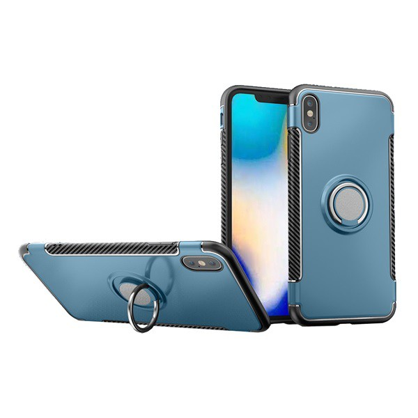 Műanyag telefonvédő (szilikon keret, asztali tartó, telefontartó gyűrű, beépített fémlemez, karbon minta) VILÁGOSKÉK [Apple iPhone XS Max 6.5] (5996457811601)