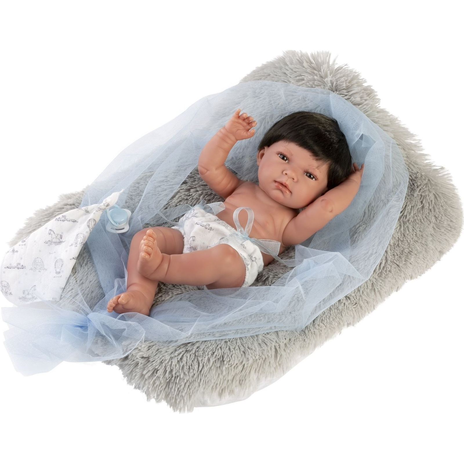 Llorens: Nico 40cm-es baba szőrös szürke párnával (8426265738038)