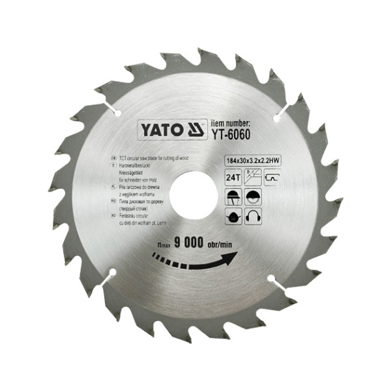 Карбиден диск за циркуляр Yato, за рязане на дърво, Ф 184 x 30, T 24