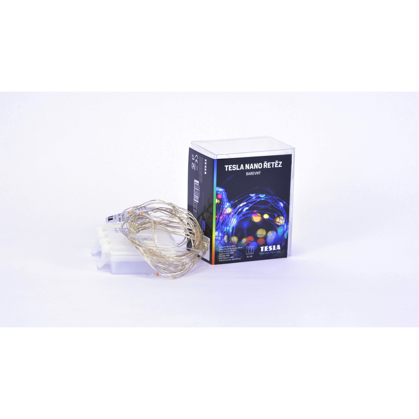 Tesla - nano fényfüzér 50LED, RGB, 5 m + 30 cm-es kábel, 3x AA elem, időzítő, IP44 (VONABA5MIO1C)
