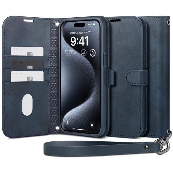 Кейс с кабел Spigen Wallet S Pro съвместим с iPhone 15 Pro Navy Blue