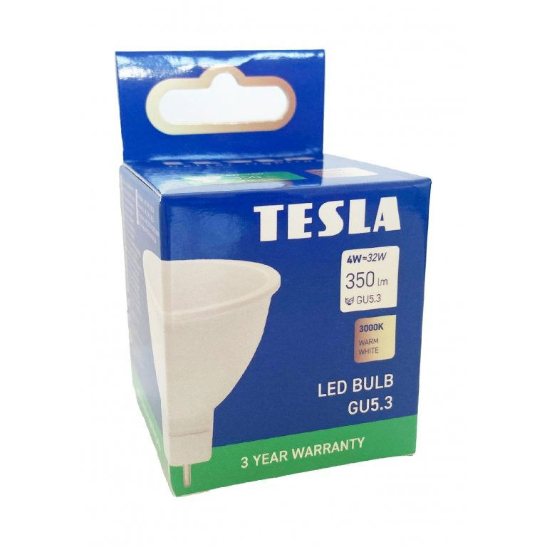 Tesla - LED izzó GU5,3 MR16, 4W, 12V, 300lm, 25 000h, 3000K meleg fehér, 100° (MR160430-7)