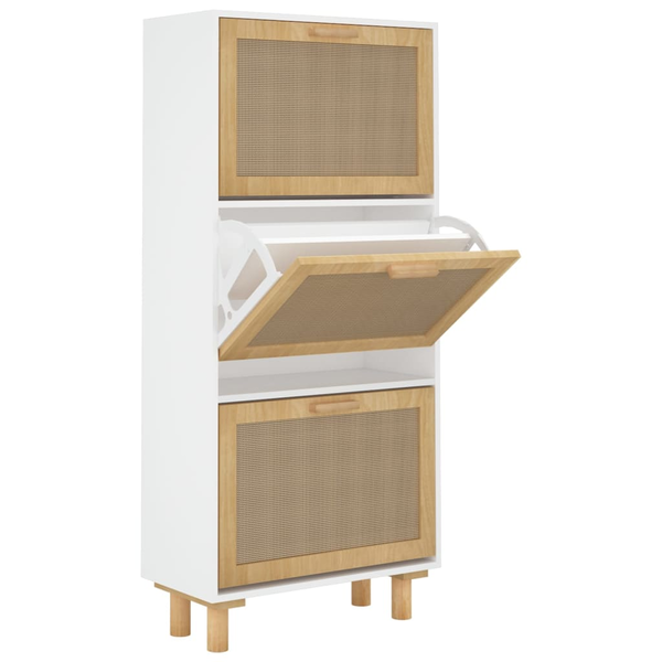 fehér szerelt fa és természetes rattan cipőszekrény 52x25x115cm