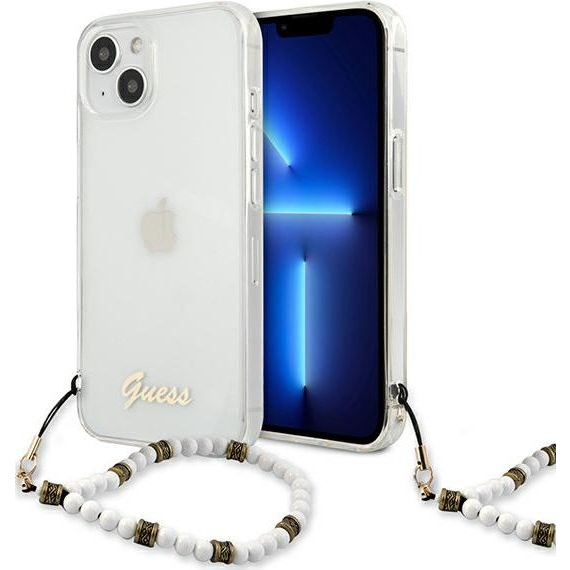 Guess PC Script and White Pearls Apple iPhone 13 mini hátlap tok, átlátszó (GUE1506CL)