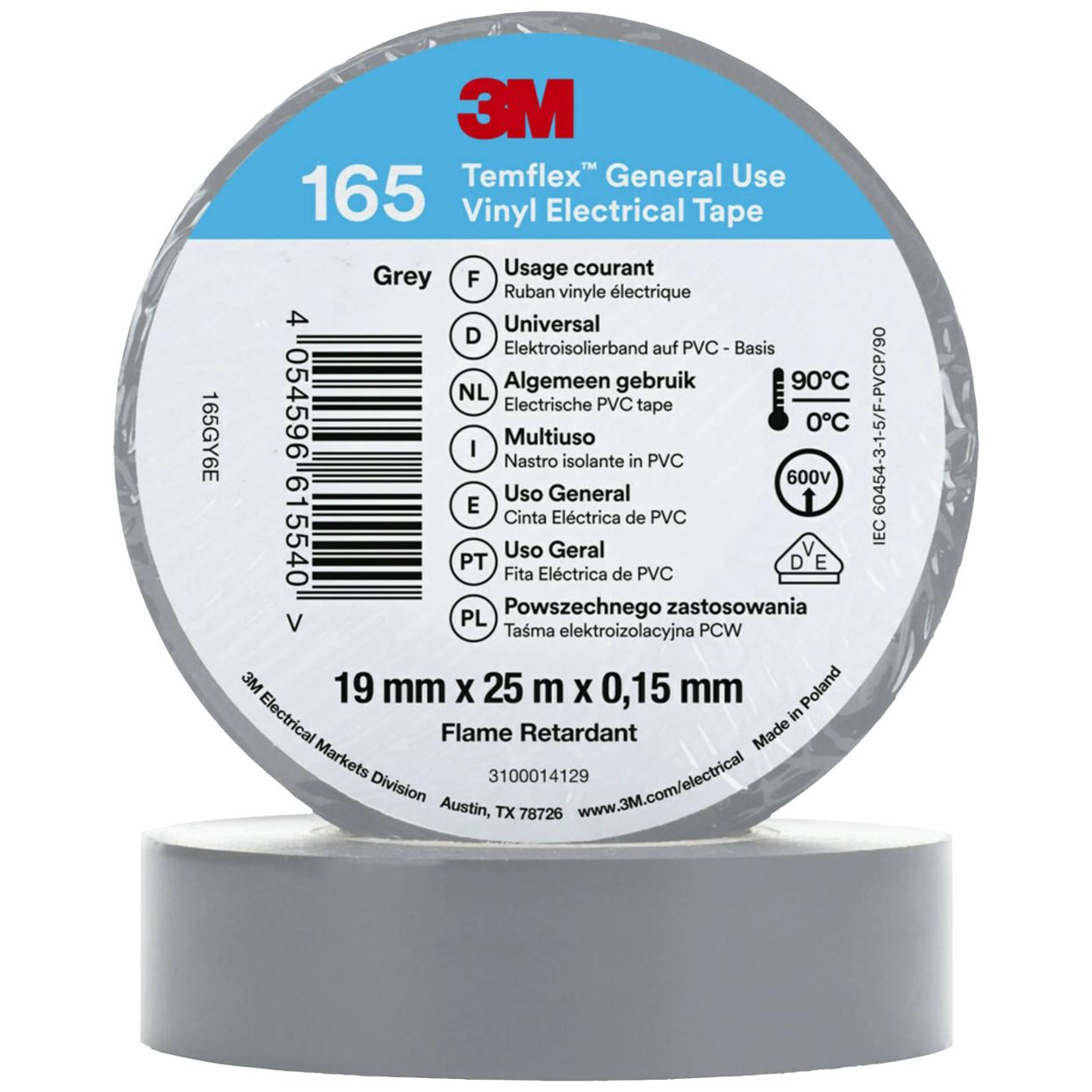 3M Temflex 165 165GY6E vinil szigetelőszalag, szürke, 25 m x 19 mm (165GY6E)