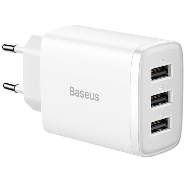 Hálózati töltő adapter, 17W, 3 x USB aljzat, gyorstöltés, Baseus Compact, fehér (RS125761)