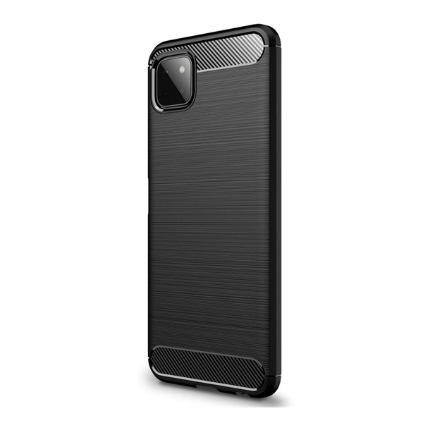 Szilikon telefonvédő (közepesen ütésálló, légpárnás sarok, szálcsiszolt, karbon minta) FEKETE [Samsung Galaxy A22 5G (SM-A226)] (5996591087542)