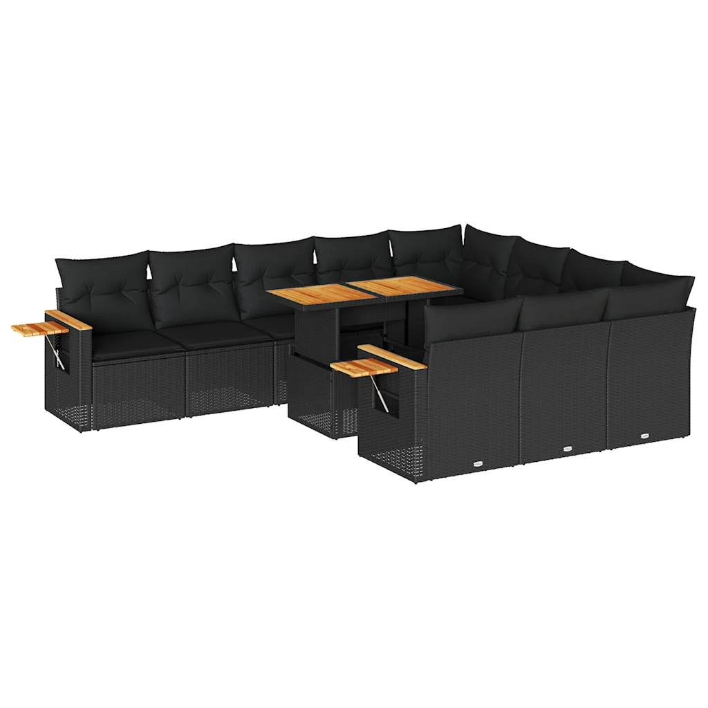 10 részes fekete polyrattan akácfa kerti ülőgarnitúra párnákkal (3327646)